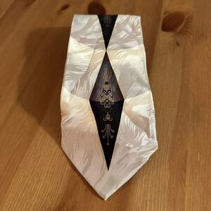 Ottimo Uomo Mens Silk Tie Champagne Cream Black Diamond Filigree Jacquard